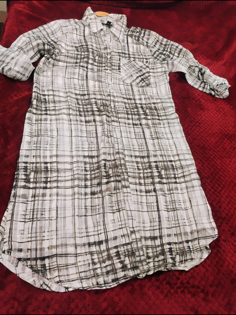 Casual White and Black Plaid With Gold Long-Sleeve Shirt Dress